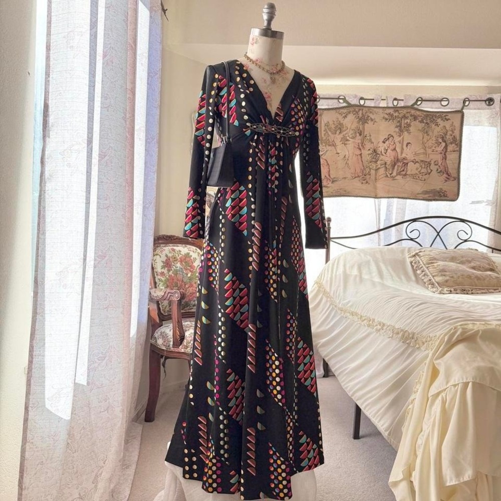 70s geometric‎ maxi dress long sleeve formal retro